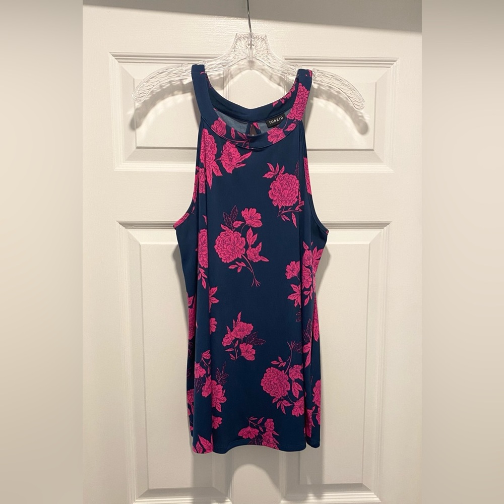 Torrid | Dark Blue and Hot Pink Floral High Neck Top | Size 0 (L)